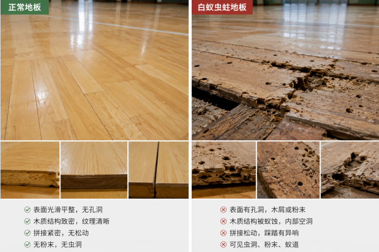 正常運(yùn)動木地板和白蟻蟲蛀木地板對比