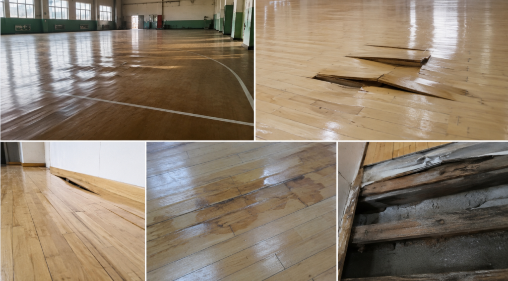 老舊木地板受潮翹曲破損，場館地材受潮變形實拍
