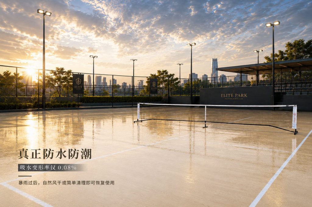 戶外生物基運動球場圖，展示產(chǎn)品防水防潮性能，吸水變形率僅 0.08%，暴雨后易清潔恢復使用
