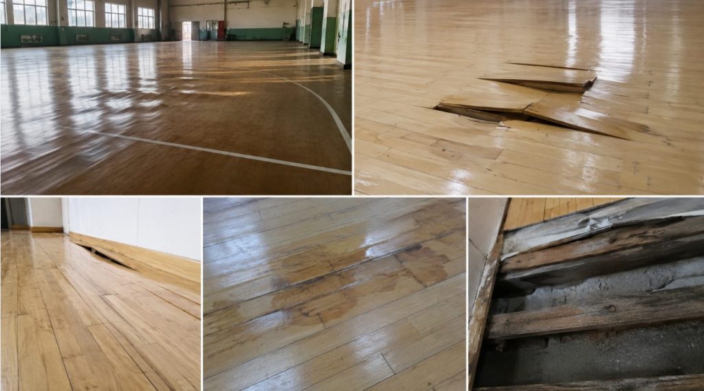 老舊木地板受潮翹曲破損，場館地材受潮變形圖