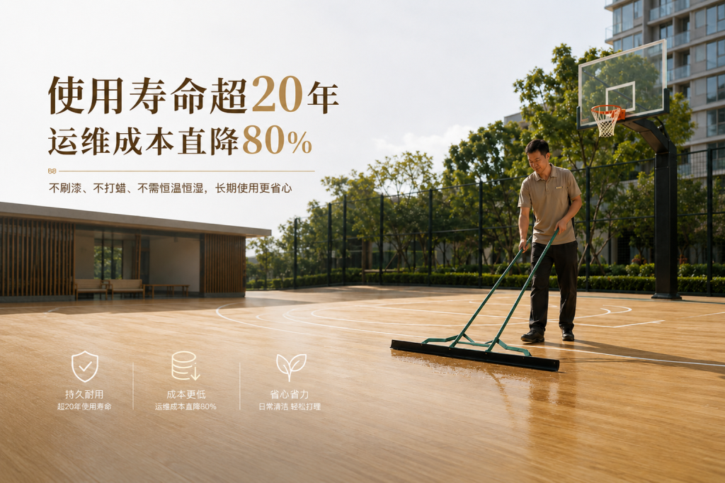 唯美康生物基運動地板就維護(hù)簡單，戶外使用壽命超20年，運維成本直降80%，省心省力。